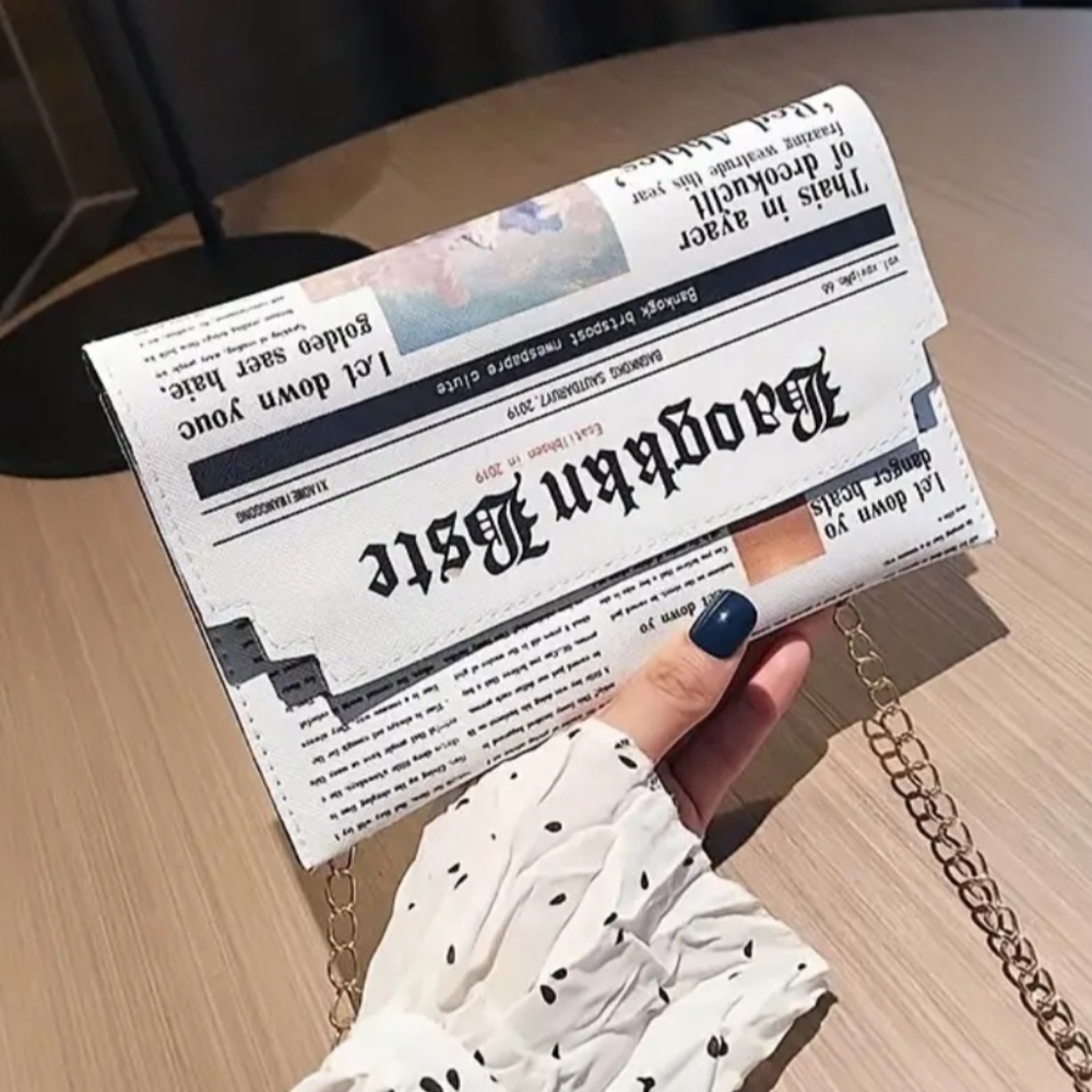 NEW NWT Newspaper Design Envelope Bag, Trendy Chain Crossbody Bag, Flap Clutch